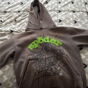 Brown Graphic Hoodie with Green 'spøøder' Print